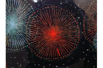 真作　山下清　「長岡の花火」　32/300　緻密なデザインが目を引くリトグラフ(版画、落款印、風景画、壁掛け、額装、外箱付き)(R-079482)　