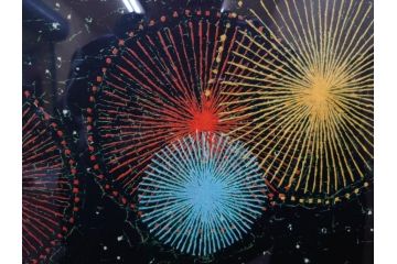 真作　山下清　「長岡の花火」　32/300　緻密なデザインが目を引くリトグラフ(版画、落款印、風景画、壁掛け、額装、外箱付き)(R-079482)　
