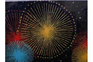真作　山下清　「長岡の花火」　32/300　緻密なデザインが目を引くリトグラフ(版画、落款印、風景画、壁掛け、額装、外箱付き)(R-079482)　