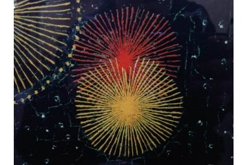 真作　山下清　「長岡の花火」　32/300　緻密なデザインが目を引くリトグラフ(版画、落款印、風景画、壁掛け、額装、外箱付き)(R-079482)　