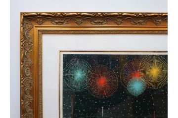 真作　山下清　「長岡の花火」　32/300　緻密なデザインが目を引くリトグラフ(版画、落款印、風景画、壁掛け、額装、外箱付き)(R-079482)　