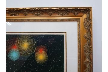 真作　山下清　「長岡の花火」　32/300　緻密なデザインが目を引くリトグラフ(版画、落款印、風景画、壁掛け、額装、外箱付き)(R-079482)　