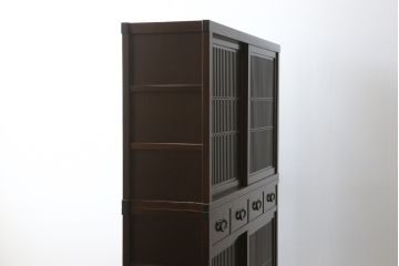 中古　格子デザインが凛とした和を演出する二段重ね水屋箪笥(食器棚、戸棚、収納棚、キャビネット)(R-079490)
