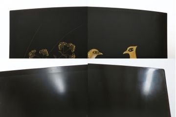 和製ビンテージ　輪島塗り　日展作家　加治武　キジ(雉)のつがいを描いた美しい蒔絵が目を引く衝立て(パーテーション、衝い立て、つい立て、間仕切り、ディスプレイ、ヴィンテージ)(R-079496)