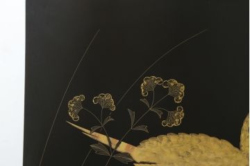 和製ビンテージ　輪島塗り　日展作家　加治武　キジ(雉)のつがいを描いた美しい蒔絵が目を引く衝立て(パーテーション、衝い立て、つい立て、間仕切り、ディスプレイ、ヴィンテージ)(R-079496)