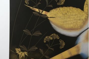 和製ビンテージ　輪島塗り　日展作家　加治武　キジ(雉)のつがいを描いた美しい蒔絵が目を引く衝立て(パーテーション、衝い立て、つい立て、間仕切り、ディスプレイ、ヴィンテージ)(R-079496)