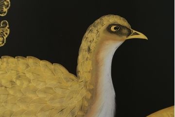 和製ビンテージ　輪島塗り　日展作家　加治武　キジ(雉)のつがいを描いた美しい蒔絵が目を引く衝立て(パーテーション、衝い立て、つい立て、間仕切り、ディスプレイ、ヴィンテージ)(R-079496)