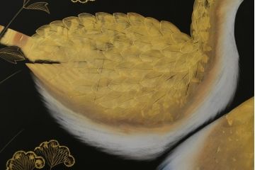 和製ビンテージ　輪島塗り　日展作家　加治武　キジ(雉)のつがいを描いた美しい蒔絵が目を引く衝立て(パーテーション、衝い立て、つい立て、間仕切り、ディスプレイ、ヴィンテージ)(R-079496)