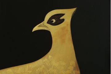 和製ビンテージ　輪島塗り　日展作家　加治武　キジ(雉)のつがいを描いた美しい蒔絵が目を引く衝立て(パーテーション、衝い立て、つい立て、間仕切り、ディスプレイ、ヴィンテージ)(R-079496)