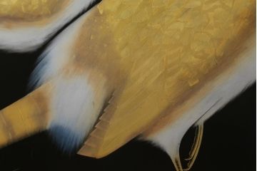 和製ビンテージ　輪島塗り　日展作家　加治武　キジ(雉)のつがいを描いた美しい蒔絵が目を引く衝立て(パーテーション、衝い立て、つい立て、間仕切り、ディスプレイ、ヴィンテージ)(R-079496)