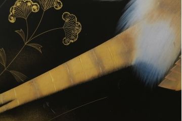 和製ビンテージ　輪島塗り　日展作家　加治武　キジ(雉)のつがいを描いた美しい蒔絵が目を引く衝立て(パーテーション、衝い立て、つい立て、間仕切り、ディスプレイ、ヴィンテージ)(R-079496)