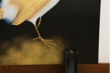 和製ビンテージ　輪島塗り　日展作家　加治武　キジ(雉)のつがいを描いた美しい蒔絵が目を引く衝立て(パーテーション、衝い立て、つい立て、間仕切り、ディスプレイ、ヴィンテージ)(R-079496)