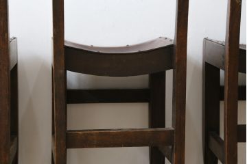 イギリスアンティーク　J Bennett　ビーチ材　エルム材　本革(レザー)　個性的で珍しいデザインが目を引くダイニングチェア4脚セット(椅子、いす、イス、アームレスチェア、英国、バラ売り可能)(R-079498)