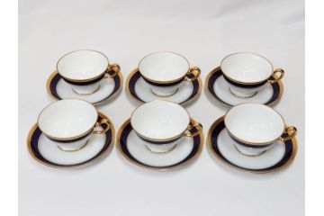 大倉陶園(OKURA、OAC)　瑠璃片葉金蝕　高貴な風格が感じられるカップ&ソーサー6客セット(ロイヤルブルー、金彩、C&S、洋食器、白磁、外箱付き)(R-079509)