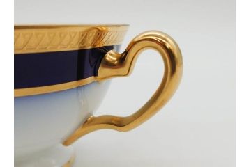大倉陶園(OKURA、OAC)　瑠璃片葉金蝕　高貴な風格が感じられるカップ&ソーサー6客セット(ロイヤルブルー、金彩、C&S、洋食器、白磁、外箱付き)(R-079509)