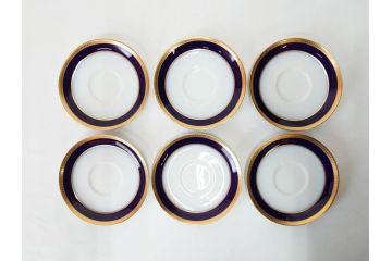 大倉陶園(OKURA、OAC)　瑠璃片葉金蝕　高貴な風格が感じられるカップ&ソーサー6客セット(ロイヤルブルー、金彩、C&S、洋食器、白磁、外箱付き)(R-079509)