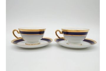大倉陶園(OKURA、OAC)　瑠璃片葉金蝕　高貴な風格が感じられるカップ&ソーサー6客セット(ロイヤルブルー、金彩、C&S、洋食器、白磁、外箱付き)(R-079509)