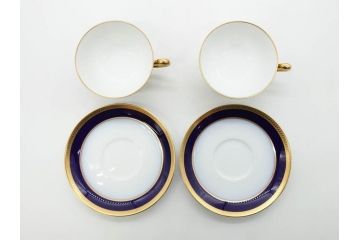 大倉陶園(OKURA、OAC)　瑠璃片葉金蝕　高貴な風格が感じられるカップ&ソーサー6客セット(ロイヤルブルー、金彩、C&S、洋食器、白磁、外箱付き)(R-079509)