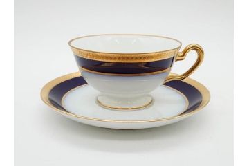 大倉陶園(OKURA、OAC)　瑠璃片葉金蝕　高貴な風格が感じられるカップ&ソーサー6客セット(ロイヤルブルー、金彩、C&S、洋食器、白磁、外箱付き)(R-079509)