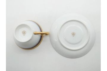大倉陶園(OKURA、OAC)　瑠璃片葉金蝕　高貴な風格が感じられるカップ&ソーサー6客セット(ロイヤルブルー、金彩、C&S、洋食器、白磁、外箱付き)(R-079509)