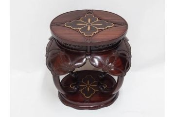 時代物　花菱蒔絵　お部屋を上品に演出する紫檀七宝式中央卓(唐木、家紋、花台、ミニテーブル、飾り台、木製、漆、共箱付き)(R-079514)
