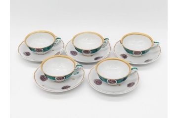 正木春蔵　九谷焼　色絵　染付　上品な花のデザインが魅力のカップ&ソーサー5客セット(金彩、フラワー、植物、C&S、碗皿、洋食器、裏印)(R-079516)