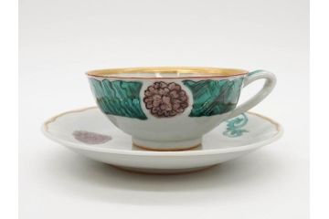 正木春蔵　九谷焼　色絵　染付　上品な花のデザインが魅力のカップ&ソーサー5客セット(金彩、フラワー、植物、C&S、碗皿、洋食器、裏印)(R-079516)