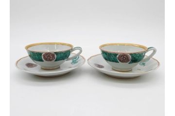 正木春蔵　九谷焼　色絵　染付　上品な花のデザインが魅力のカップ&ソーサー5客セット(金彩、フラワー、植物、C&S、碗皿、洋食器、裏印)(R-079516)