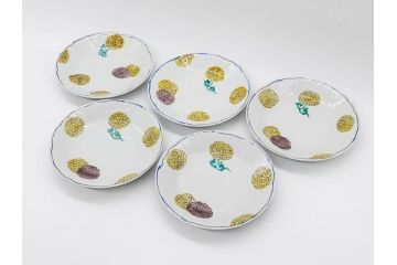 正木春蔵　九谷焼　染付　約19cm　6.2寸　食卓を明るく彩る中皿5枚セット(菊、花、和皿、和食器、なます皿、裏印、六寸二分)(R-079517)