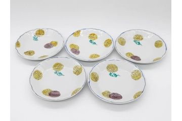 正木春蔵　九谷焼　染付　約19cm　6.2寸　食卓を明るく彩る中皿5枚セット(菊、花、和皿、和食器、なます皿、裏印、六寸二分)(R-079517)
