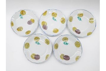 正木春蔵　九谷焼　染付　約19cm　6.2寸　食卓を明るく彩る中皿5枚セット(菊、花、和皿、和食器、なます皿、裏印、六寸二分)(R-079517)