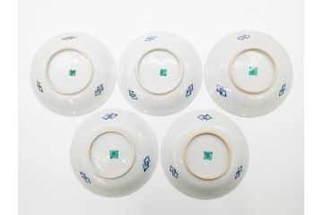正木春蔵　九谷焼　染付　約19cm　6.2寸　食卓を明るく彩る中皿5枚セット(菊、花、和皿、和食器、なます皿、裏印、六寸二分)(R-079517)