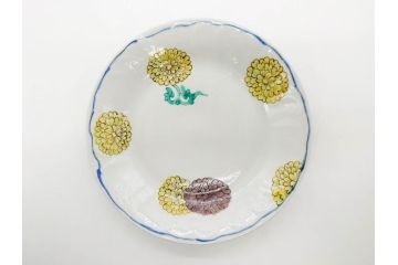 正木春蔵　九谷焼　染付　約19cm　6.2寸　食卓を明るく彩る中皿5枚セット(菊、花、和皿、和食器、なます皿、裏印、六寸二分)(R-079517)