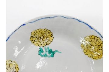 正木春蔵　九谷焼　染付　約19cm　6.2寸　食卓を明るく彩る中皿5枚セット(菊、花、和皿、和食器、なます皿、裏印、六寸二分)(R-079517)