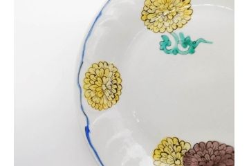 正木春蔵　九谷焼　染付　約19cm　6.2寸　食卓を明るく彩る中皿5枚セット(菊、花、和皿、和食器、なます皿、裏印、六寸二分)(R-079517)