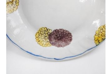 正木春蔵　九谷焼　染付　約19cm　6.2寸　食卓を明るく彩る中皿5枚セット(菊、花、和皿、和食器、なます皿、裏印、六寸二分)(R-079517)