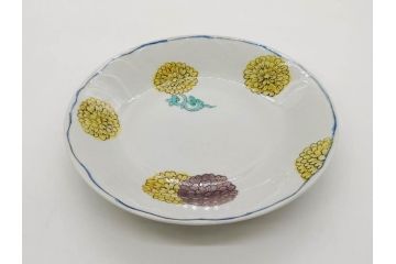 正木春蔵　九谷焼　染付　約19cm　6.2寸　食卓を明るく彩る中皿5枚セット(菊、花、和皿、和食器、なます皿、裏印、六寸二分)(R-079517)