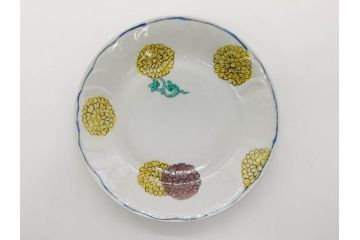 正木春蔵　九谷焼　染付　約19cm　6.2寸　食卓を明るく彩る中皿5枚セット(菊、花、和皿、和食器、なます皿、裏印、六寸二分)(R-079517)