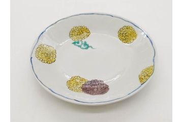 正木春蔵　九谷焼　染付　約19cm　6.2寸　食卓を明るく彩る中皿5枚セット(菊、花、和皿、和食器、なます皿、裏印、六寸二分)(R-079517)