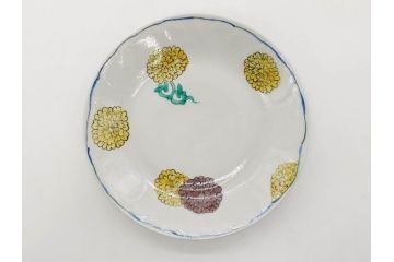 正木春蔵　九谷焼　染付　約19cm　6.2寸　食卓を明るく彩る中皿5枚セット(菊、花、和皿、和食器、なます皿、裏印、六寸二分)(R-079517)