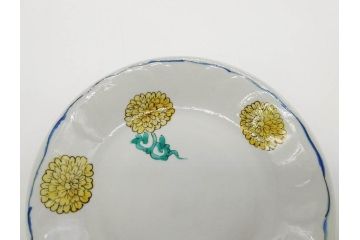 正木春蔵　九谷焼　染付　約19cm　6.2寸　食卓を明るく彩る中皿5枚セット(菊、花、和皿、和食器、なます皿、裏印、六寸二分)(R-079517)