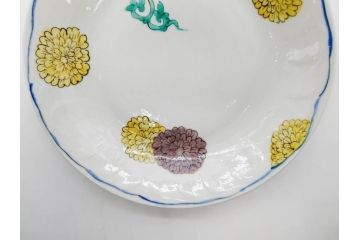 正木春蔵　九谷焼　染付　約19cm　6.2寸　食卓を明るく彩る中皿5枚セット(菊、花、和皿、和食器、なます皿、裏印、六寸二分)(R-079517)