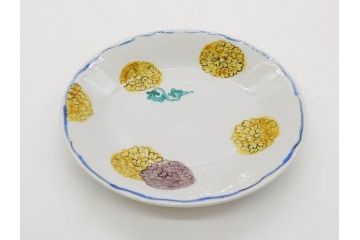 正木春蔵　九谷焼　染付　約19cm　6.2寸　食卓を明るく彩る中皿5枚セット(菊、花、和皿、和食器、なます皿、裏印、六寸二分)(R-079517)