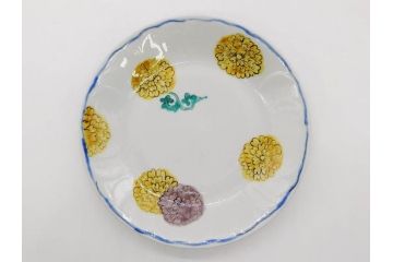 正木春蔵　九谷焼　染付　約19cm　6.2寸　食卓を明るく彩る中皿5枚セット(菊、花、和皿、和食器、なます皿、裏印、六寸二分)(R-079517)
