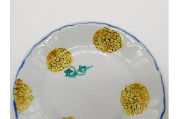 正木春蔵　九谷焼　染付　約19cm　6.2寸　食卓を明るく彩る中皿5枚セット(菊、花、和皿、和食器、なます皿、裏印、六寸二分)(R-079517)
