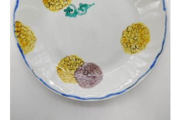 正木春蔵　九谷焼　染付　約19cm　6.2寸　食卓を明るく彩る中皿5枚セット(菊、花、和皿、和食器、なます皿、裏印、六寸二分)(R-079517)
