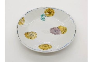 正木春蔵　九谷焼　染付　約19cm　6.2寸　食卓を明るく彩る中皿5枚セット(菊、花、和皿、和食器、なます皿、裏印、六寸二分)(R-079517)