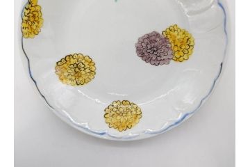 正木春蔵　九谷焼　染付　約19cm　6.2寸　食卓を明るく彩る中皿5枚セット(菊、花、和皿、和食器、なます皿、裏印、六寸二分)(R-079517)