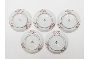 正木春蔵　九谷焼　染付　色絵　松梅文　約14cm　4.7寸　緻密なデザインが魅力の小皿5枚セット(花、樹木、豆皿、和皿、和食器、四寸七分)(R-079518)
