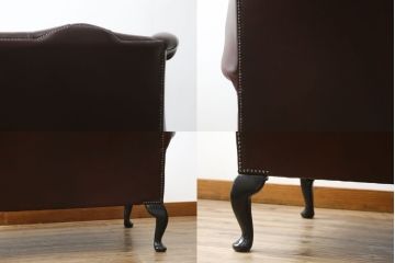 中古　イギリス　本革(レザー)　クラシカルな佇まいが魅力的なウィングバックソファ(ウイングバックソファ、チェスターフィールドソファ、2人掛け、2P、ラブソファ)(R-079532)